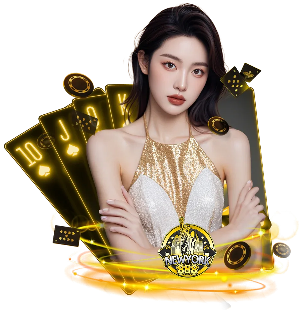 ภาพโปรโมต NEWYORK888 พร้อมผู้หญิงและองค์ประกอบไพ่ ลูกเต๋า และชิปคาสิโนโทนสีทอง เหมาะสำหรับใช้ประกอบหน้าเว็บคาสิโนออนไลน์ newyork888
