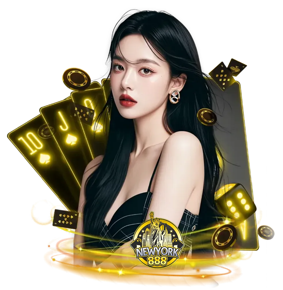 ภาพโปรโมต NEWYORK888 พร้อมผู้หญิงและองค์ประกอบไพ่ ลูกเต๋า และชิปคาสิโนโทนสีทอง เหมาะสำหรับใช้ประกอบหน้าเว็บคาสิโนออนไลน์ newyork888