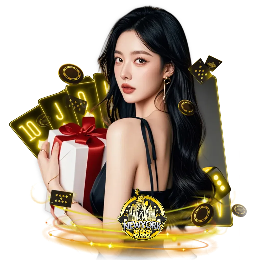 ภาพโปรโมต NEWYORK888 พร้อมผู้หญิงถือกล่องของขวัญและองค์ประกอบไพ่ ลูกเต๋า และชิปคาสิโนโทนสีทอง เหมาะสำหรับใช้ประกอบหน้าเว็บคาสิโนออนไลน์ newyork888